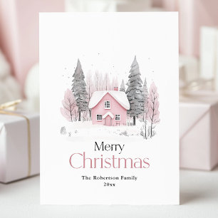 Pink Winter Cottage Christmas Holiday Postcard