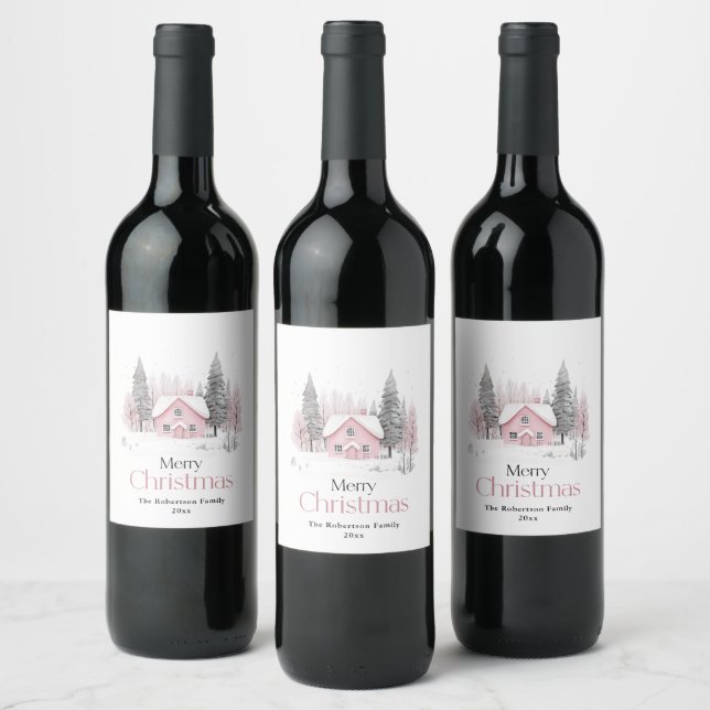 Pink Winter Cottage Christmas Wine Label (Bottles)