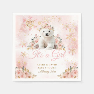 Pink Winter Cute Bear Its a Girl Baby Shower Napkin