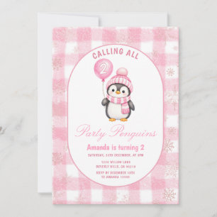 Pink Winter Cute Call All Party Penguin Birthday Invitation