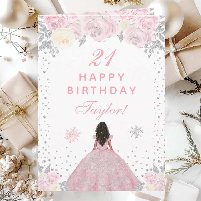 Pink Winter Dark Skin Princess Birthday Party Card (Creator Uploaded)