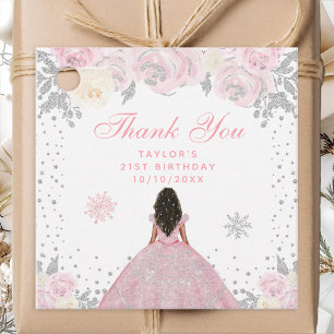 Pink Winter Dark Skin Princess Birthday Party Favour Tags
