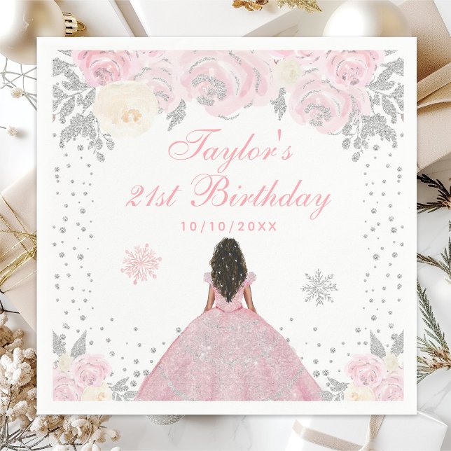 Pink Winter Dark Skin Princess Birthday Party Napkin (Creator Uploaded)