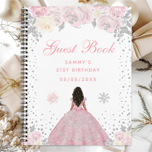 Pink Winter Dark Skin Princess Birthday Party Notebook