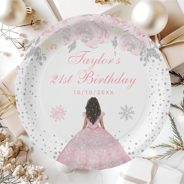 Pink Winter Dark Skin Princess Birthday Party Paper Plate (Creator Uploaded)