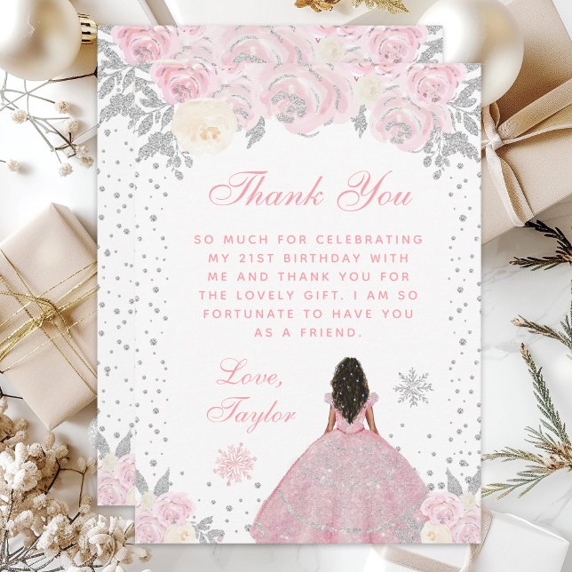 Pink Winter Dark Skin Princess Birthday Party Thank You Card (Creator Uploaded)
