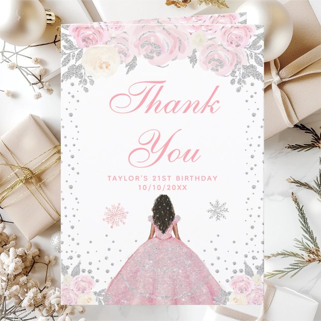 Pink Winter Dark Skin Princess Birthday Party Thank You Card (Creator Uploaded)