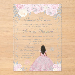 Pink Winter Dark Skin Princess Sweet Sixteen Acrylic Invitations
