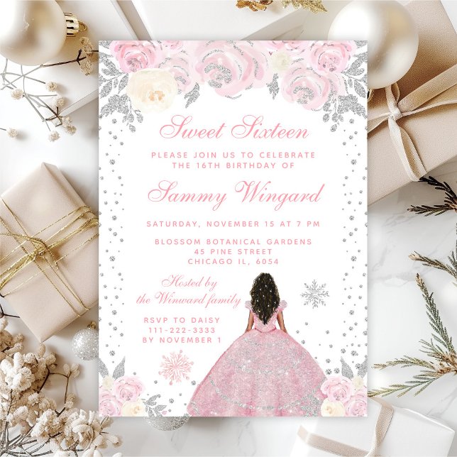 Pink Winter Dark Skin Princess Sweet Sixteen Invitation (Creator Uploaded)