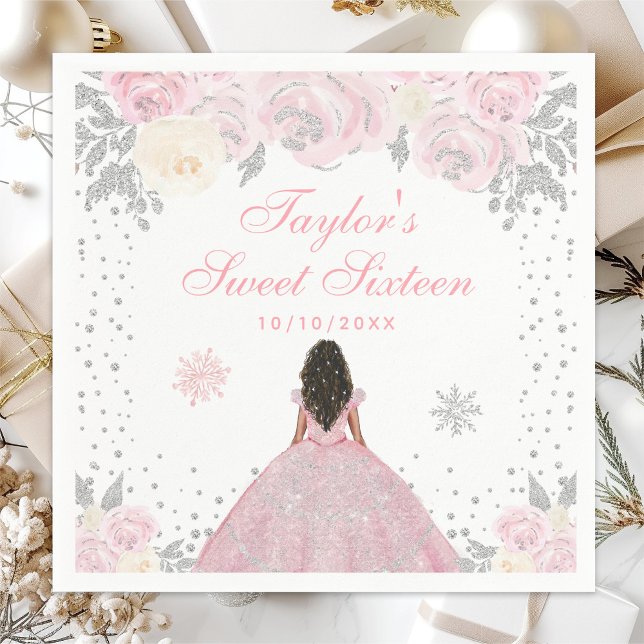 Pink Winter Dark Skin Princess Sweet Sixteen Napkin (Creator Uploaded)