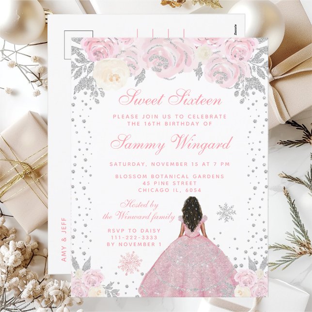 Pink Winter Dark Skin Princess Sweet Sixteen Postcard (Creator Uploaded)