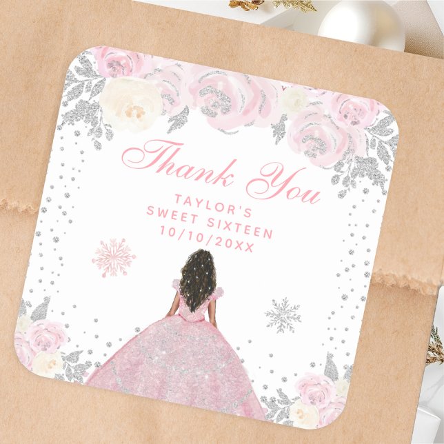 Pink Winter Dark Skin Princess Sweet Sixteen Square Sticker (Creator Uploaded)