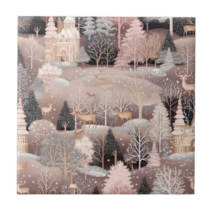 Pink Winter Deer Fantasy Castle Landscape (1) Ceramic Tile