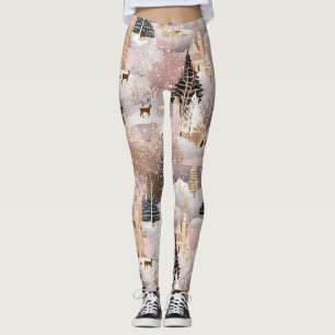 Pink Winter Deer Fantasy Castle Landscape (1) Leggings