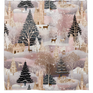 Pink Winter Deer Fantasy Castle Landscape (1) Shower Curtain