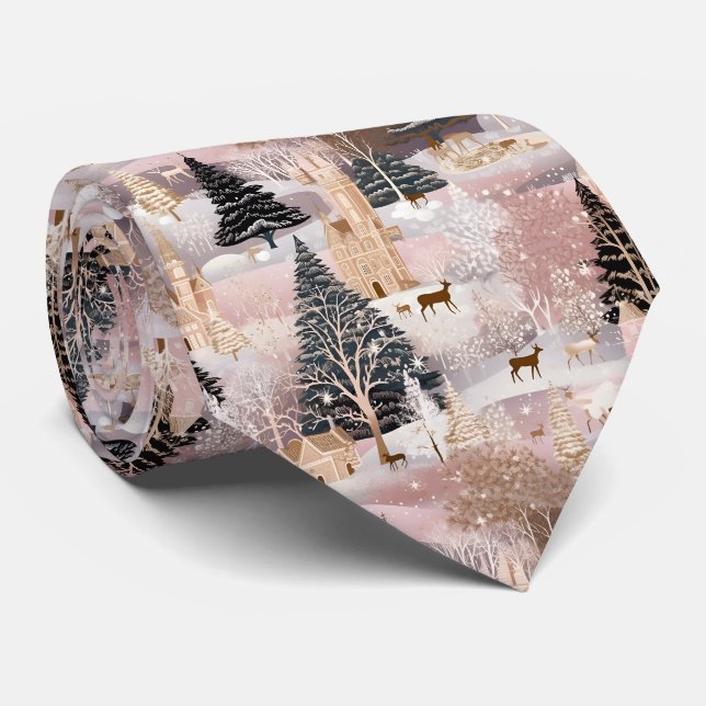 Pink Winter Deer Fantasy Castle Landscape (1) Tie (Rolled)