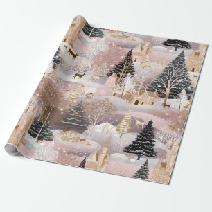 Pink Winter Deer Fantasy Castle Landscape (1) Wrapping Paper