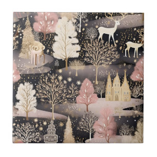 Pink Winter Deer Fantasy Castle Landscape (2) Ceramic Tile