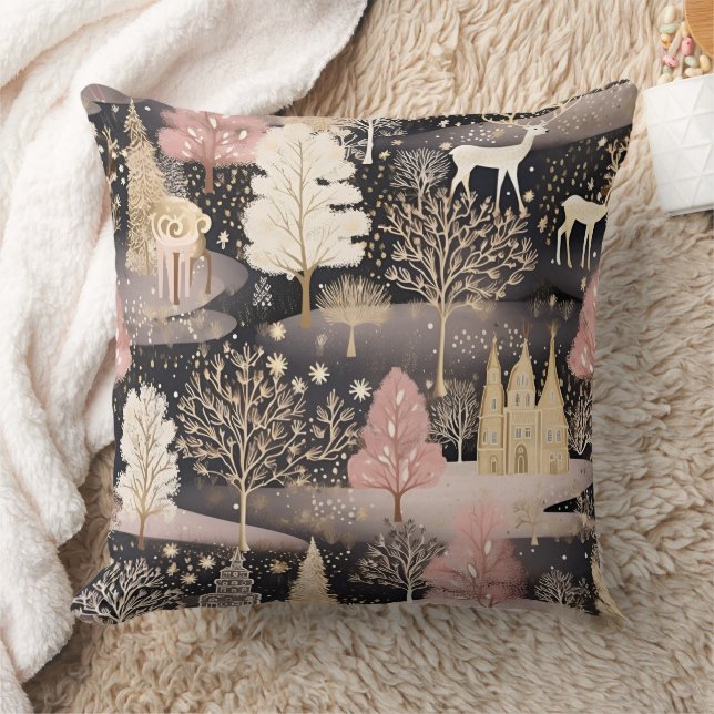 Pink Winter Deer Fantasy Castle Landscape (2) Cushion (Blanket)