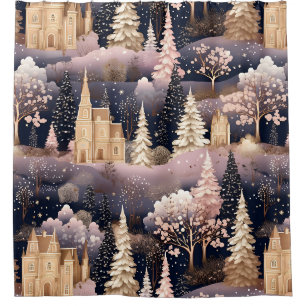 Pink Winter Deer Fantasy Castle Landscape (2) Shower Curtain