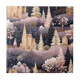 Pink Winter Deer Fantasy Castle Landscape (3) Ceramic Tile