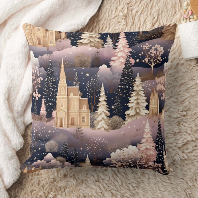Pink Winter Deer Fantasy Castle Landscape (3) Cushion (Blanket)
