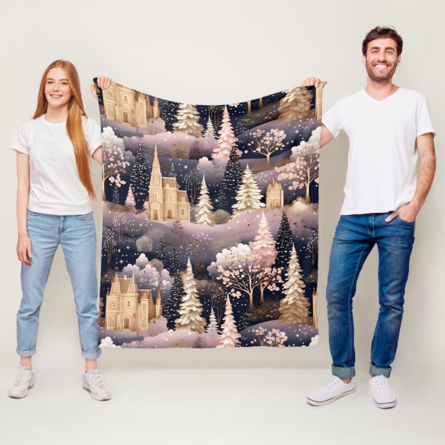 Pink Winter Deer Fantasy Castle Landscape (3) Fleece Blanket (In Situ)