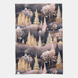 Pink Winter Deer Fantasy Castle Landscape (3) Tea Towel