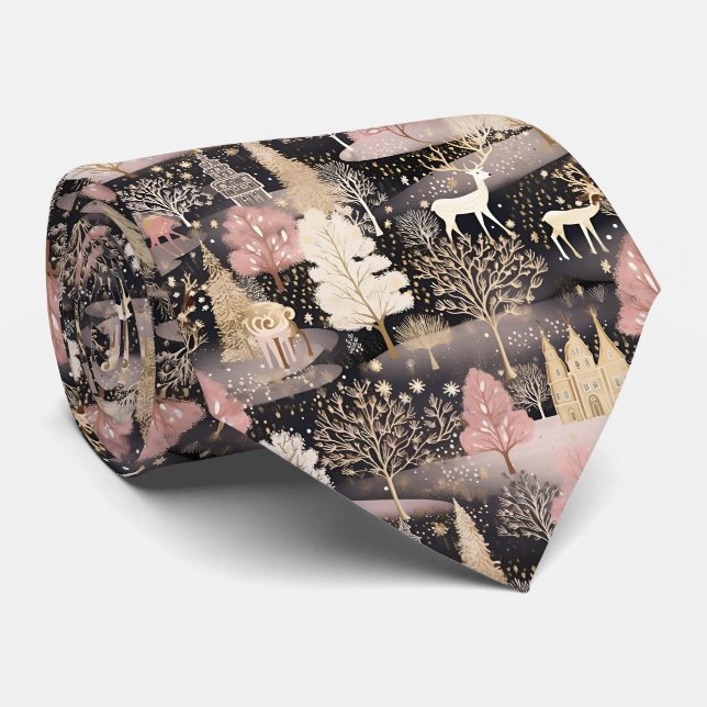 Pink Winter Deer Fantasy Castle Landscape (3) Tie (Rolled)