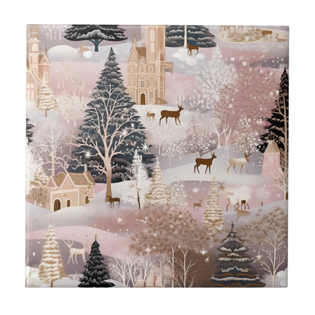 Pink Winter Deer Fantasy Castle Landscape (4) Ceramic Tile (Front)