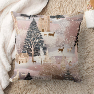 Pink Winter Deer Fantasy Castle Landscape (4) Cushion