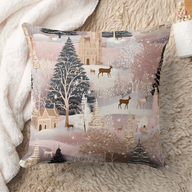 Pink Winter Deer Fantasy Castle Landscape (4) Cushion (Blanket)