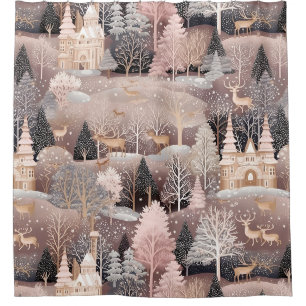 Pink Winter Deer Fantasy Castle Landscape (4) Shower Curtain