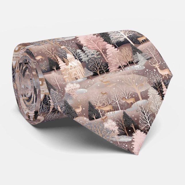 Pink Winter Deer Fantasy Castle Landscape (4) Tie (Rolled)
