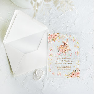 Pink Winter Deer Its a Girl Baby Shower Acrylic Invitations