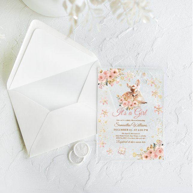 Pink Winter Deer Its a Girl Baby Shower Acrylic Invitations (Creator Uploaded)