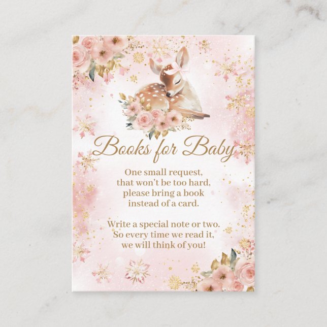 Pink Winter Deer Its a Girl Baby Shower Books Enclosure Card (Front)