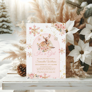 Pink Winter Deer Its a Girl Baby Shower Invitation