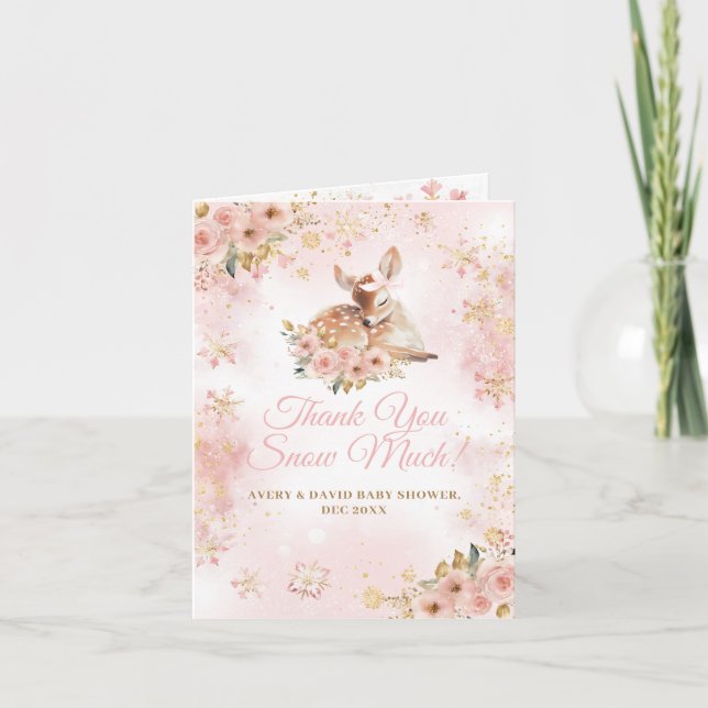 Pink Winter Deer Its a Girl Baby Shower Thank You Card (Front)