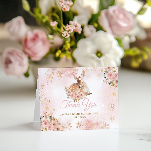 Pink Winter Deer Its a Girl Baby Shower Thank You Card (Creator Uploaded)