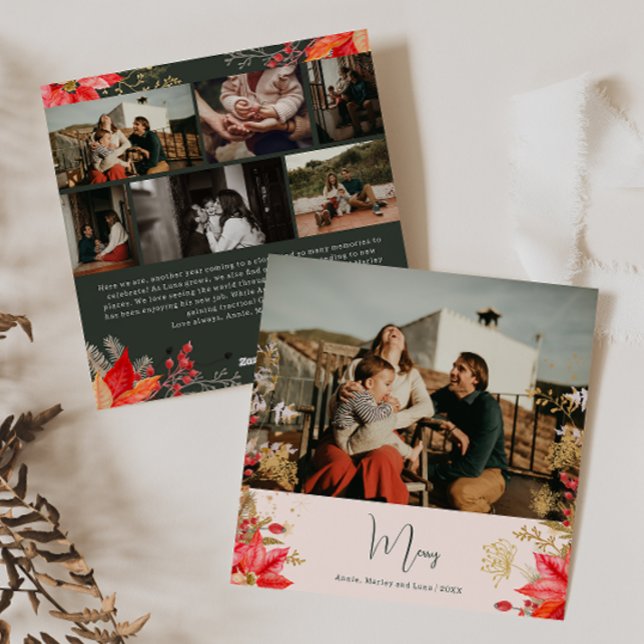 Pink Winter Floral Merry Seven Photo Christmas Holiday Card (Creator Uploaded)