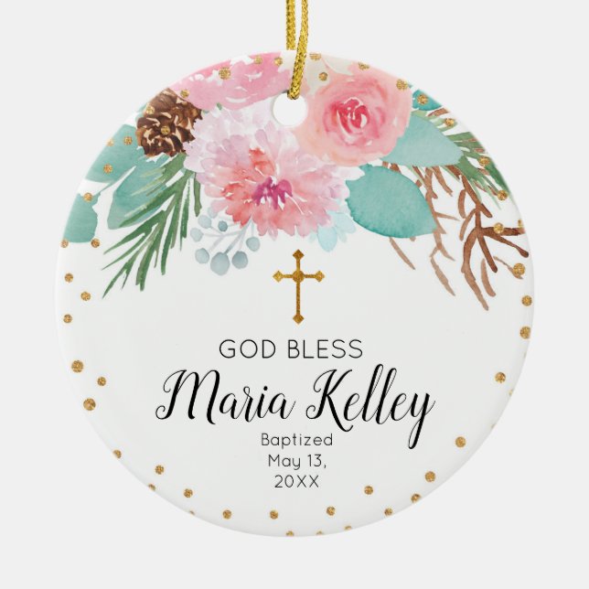 Pink Winter Floral Personalized Girl Baptism Ceramic Ornament (Front)