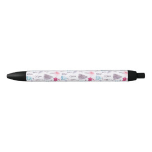 Pink Winter Forest Hop Bunny Watercolor Black Ink Pen