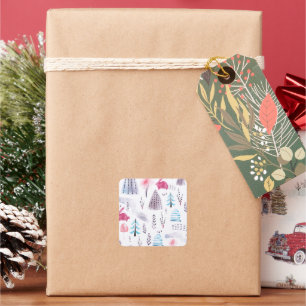 Pink Winter Forest Hop Bunny Watercolor Square Sticker