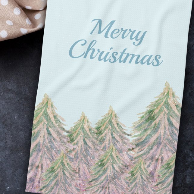 Pink Winter Forest Tree Watercolor Christmas Tea Towel (Creator Uploaded)