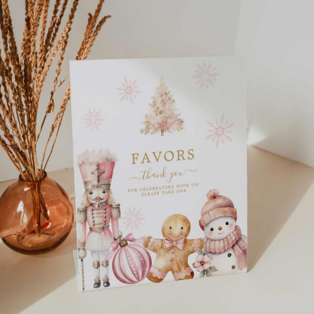 Pink Winter Girl Baby Shower Favours Pedestal Sign (Winter wonderland girl baby shower invitation)