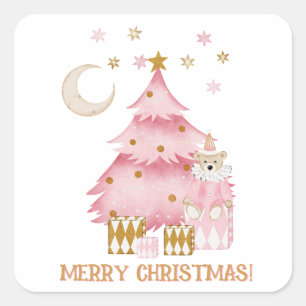 Pink winter holiday candy cotton bear square sticker