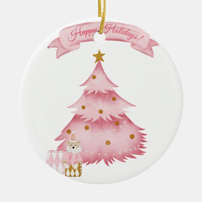 Pink winter holidays kids  holiday  ceramic ornament (Front)
