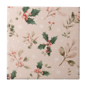 Pink Winter - Holly Leaves and Snowflakes (2) Ceramic Tile