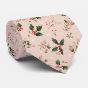 Pink Winter - Holly Leaves and Snowflakes (2) Tie
